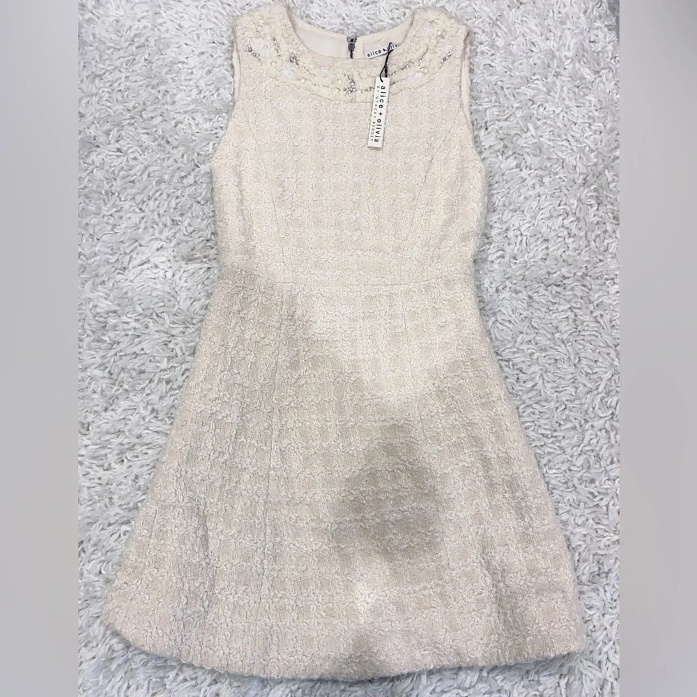 NWT Alice + Olivia Haven Embellished Ivory Tweed Dress - Picture 4 of 12